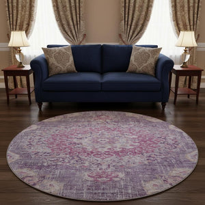 HomeRoots 8' Washable Round Floral Rug in Purple, Beige & Ivory – Stain Resistant, UV Protected & Durable Design 692241
