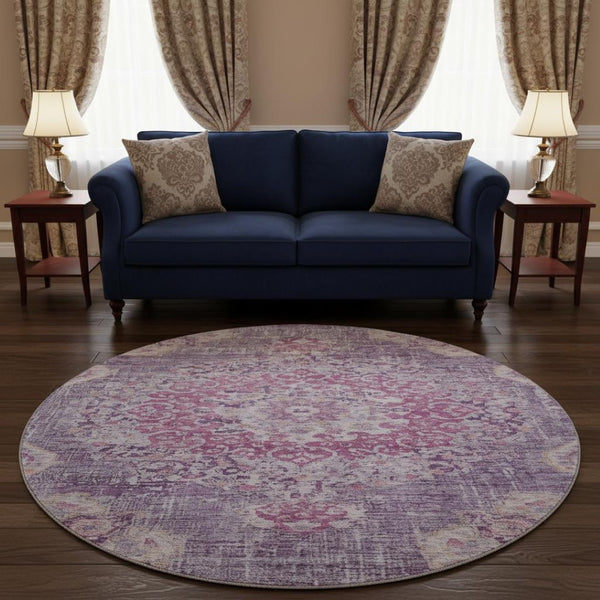 HomeRoots 8' Washable Round Floral Rug in Purple, Beige & Ivory – Stain Resistant, UV Protected & Durable Design 692241