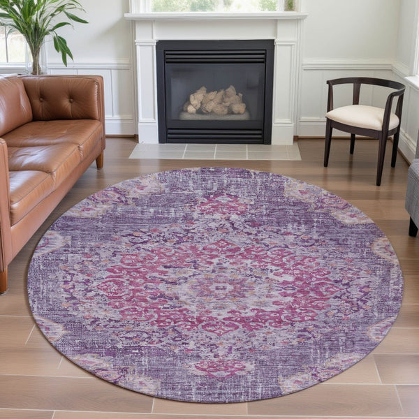 HomeRoots 8' Washable Round Floral Rug in Purple, Beige & Ivory – Stain Resistant, UV Protected & Durable Design 692241
