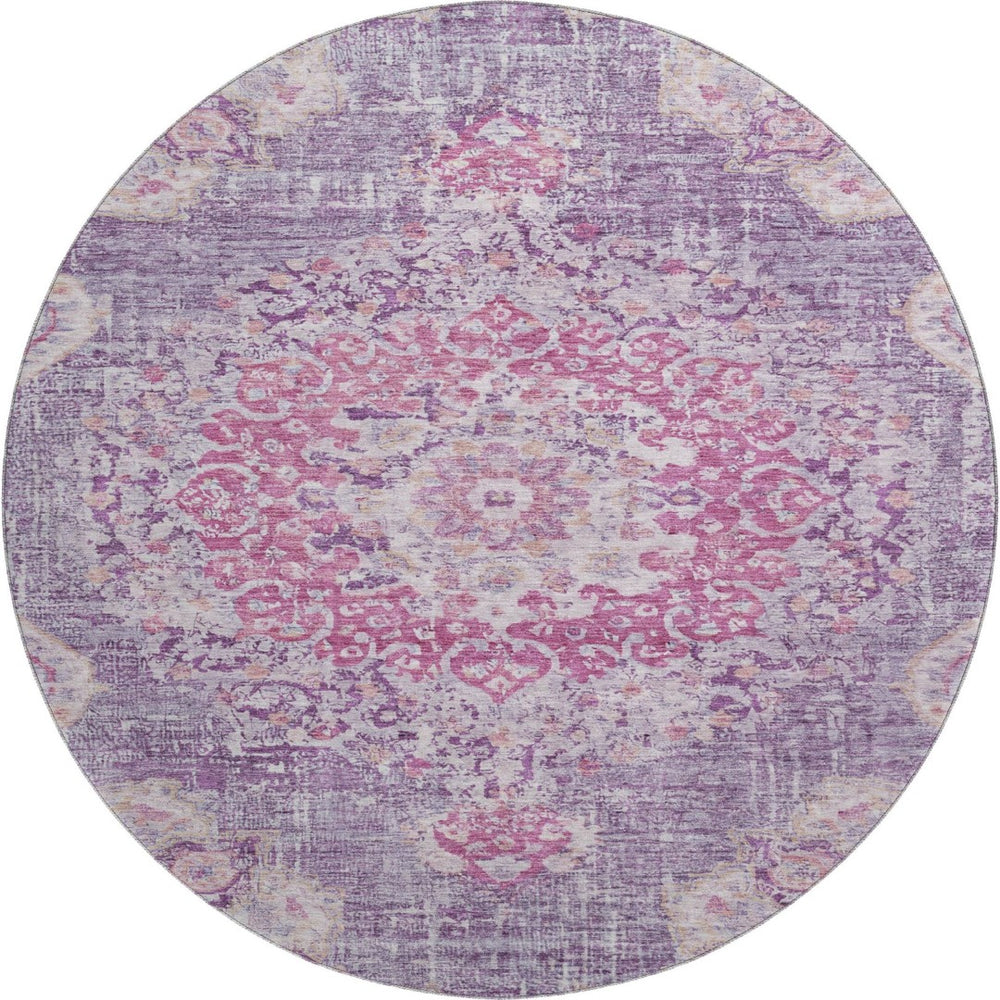 HomeRoots 8' Washable Round Floral Rug in Purple, Beige & Ivory – Stain Resistant, UV Protected & Durable Design 692241