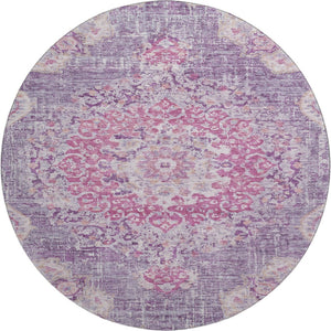 HomeRoots 8' Washable Round Floral Rug in Purple, Beige & Ivory – Stain Resistant, UV Protected & Durable Design 692241