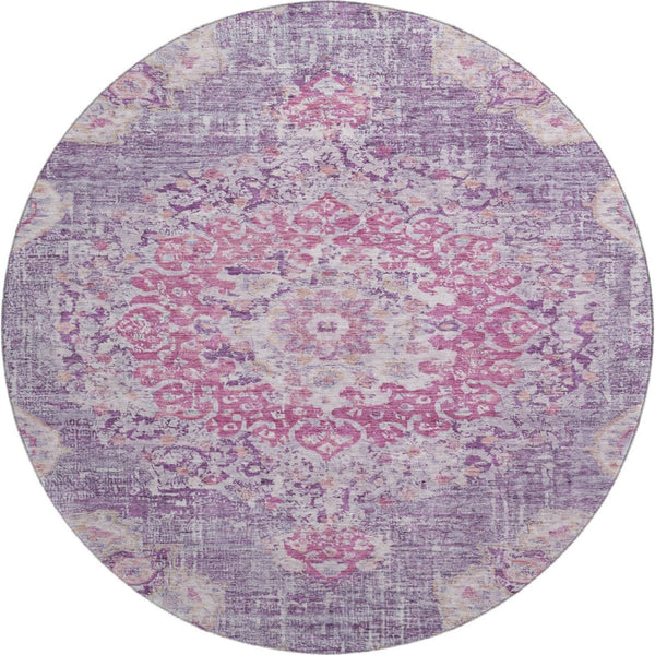 HomeRoots 8' Washable Round Floral Rug in Purple, Beige & Ivory – Stain Resistant, UV Protected & Durable Design 692241