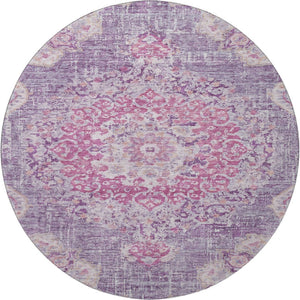 HomeRoots 8' Washable Round Floral Rug in Purple, Beige & Ivory – Stain Resistant, UV Protected & Durable Design 692241