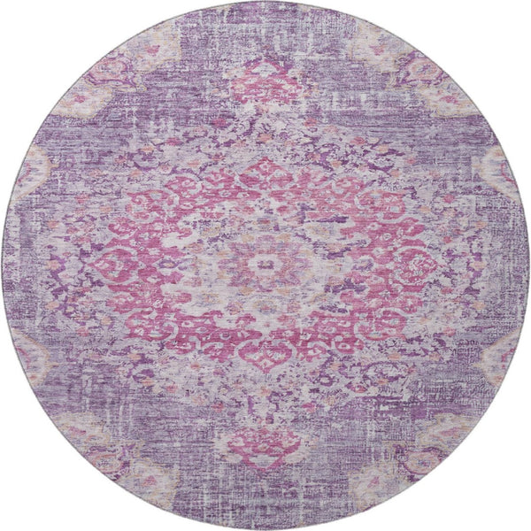HomeRoots 8' Washable Round Floral Rug in Purple, Beige & Ivory – Stain Resistant, UV Protected & Durable Design 692241