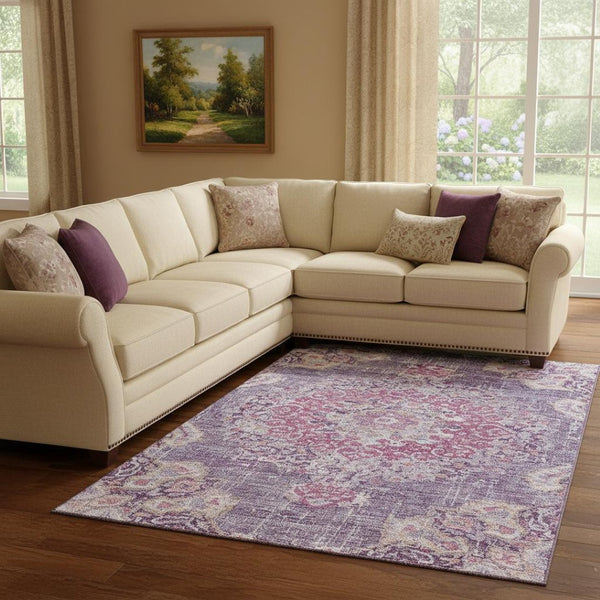 HomeRoots 8' Elegant Floral Area Rug in Purple, Beige & Ivory - Washable, Durable, UV Protected & Stylish 692242