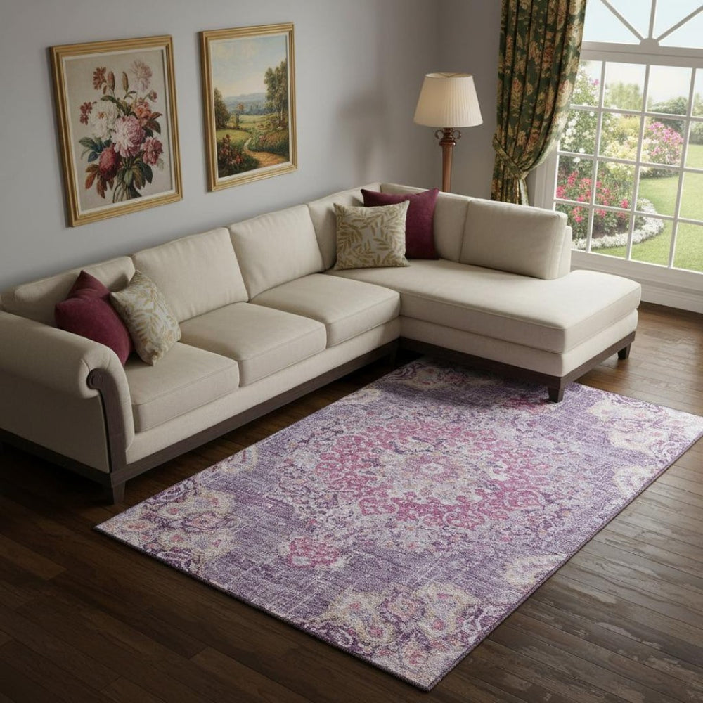 HomeRoots 9' X 12' Elegant Purple, Beige & Ivory Floral Area Rug - Washable, UV-Protected for High-Traffic Areas 692243
