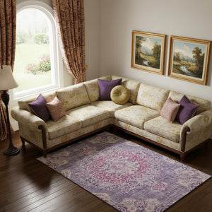 HomeRoots 10' X 14' Floral Washable Area Rug in Purple Beige Ivory – UV Protected, Durable, Perfect for Homes 692244