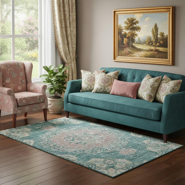 HomeRoots 5' X 8' Washable Teal Blush Ivory Floral Area Rug with UV Protection - Perfect for Busy Households! 692246