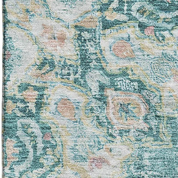 HomeRoots 5' X 8' Washable Teal Blush Ivory Floral Area Rug with UV Protection - Perfect for Busy Households! 692246