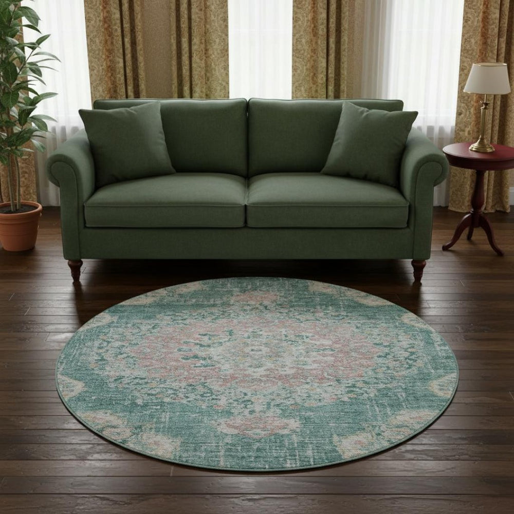 HomeRoots 8' X 8' Elegant Teal Blush Floral Round Washable Rug with UV Protection Ideal for Kids & Pets 692247