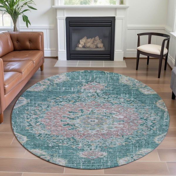 HomeRoots 8' X 8' Elegant Teal Blush Floral Round Washable Rug with UV Protection Ideal for Kids & Pets 692247