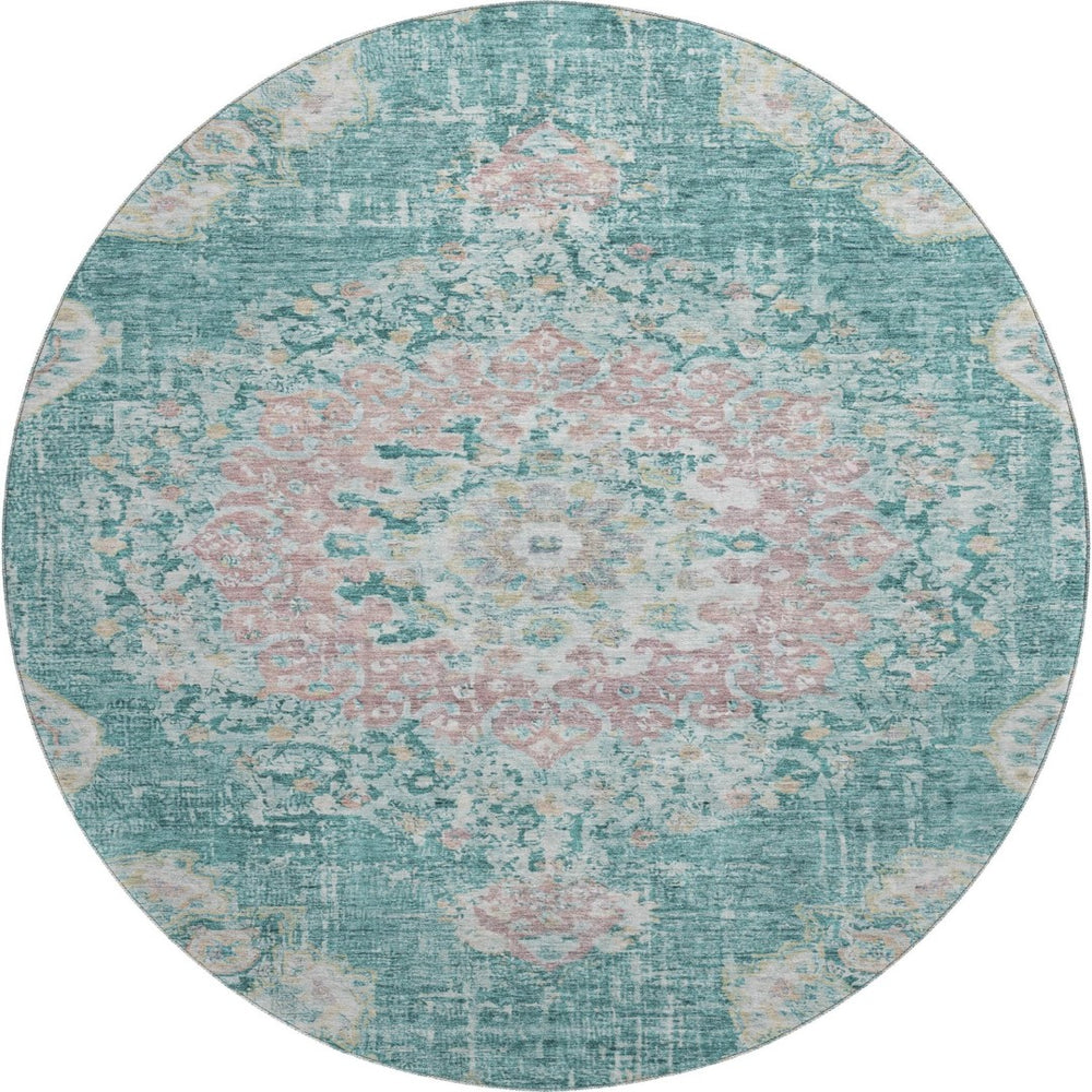 HomeRoots 8' X 8' Elegant Teal Blush Floral Round Washable Rug with UV Protection Ideal for Kids & Pets 692247