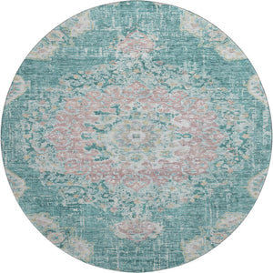 HomeRoots 8' X 8' Elegant Teal Blush Floral Round Washable Rug with UV Protection Ideal for Kids & Pets 692247