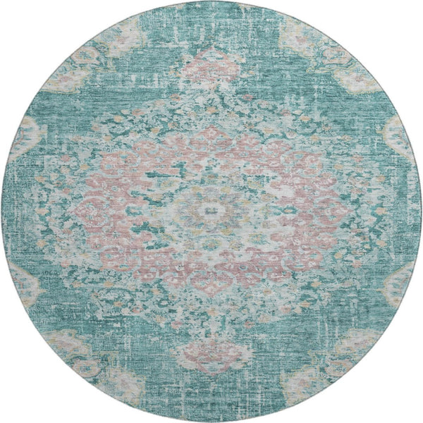 HomeRoots 8' X 8' Elegant Teal Blush Floral Round Washable Rug with UV Protection Ideal for Kids & Pets 692247