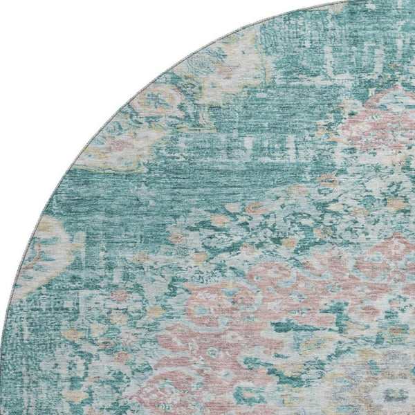 HomeRoots 8' X 8' Elegant Teal Blush Floral Round Washable Rug with UV Protection Ideal for Kids & Pets 692247