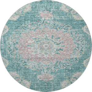 HomeRoots 8' X 8' Elegant Teal Blush Floral Round Washable Rug with UV Protection Ideal for Kids & Pets 692247