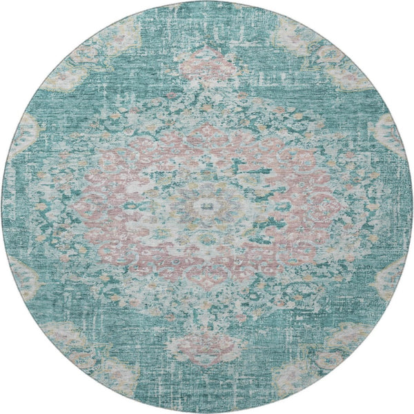 HomeRoots 8' X 8' Elegant Teal Blush Floral Round Washable Rug with UV Protection Ideal for Kids & Pets 692247