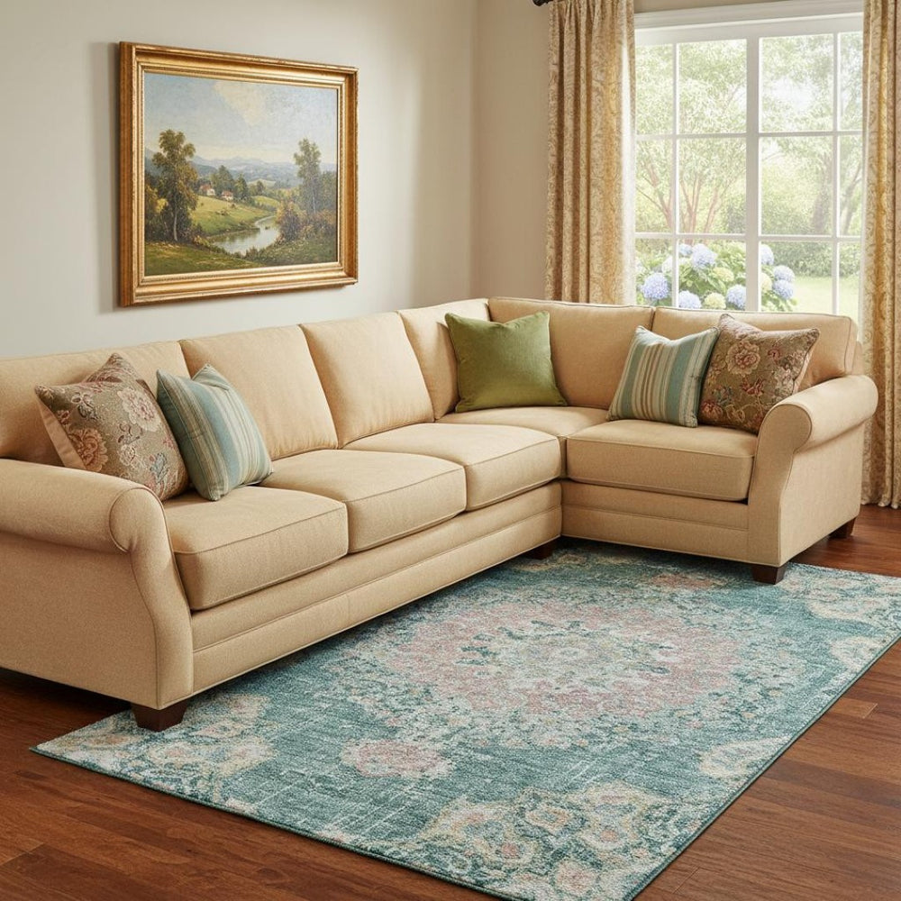 HomeRoots 8' Elegant Floral Washable Area Rug in Teal, Blush, Ivory – UV Protected, Stain-Resistant Design! 692248