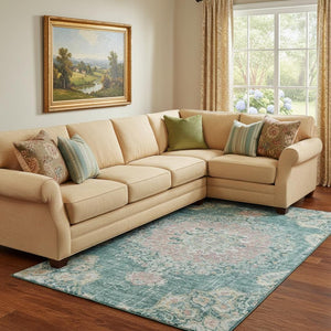 HomeRoots 8' Elegant Floral Washable Area Rug in Teal, Blush, Ivory – UV Protected, Stain-Resistant Design! 692248