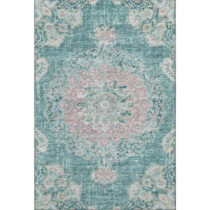 HomeRoots 8' Elegant Floral Washable Area Rug in Teal, Blush, Ivory – UV Protected, Stain-Resistant Design! 692248
