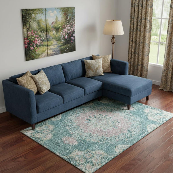 HomeRoots 9' X 12' Elegant Teal Blush Floral Washable Area Rug with UV Protection for Busy Homes & Kids 692249
