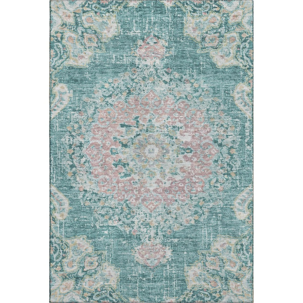 HomeRoots 9' X 12' Elegant Teal Blush Floral Washable Area Rug with UV Protection for Busy Homes & Kids 692249
