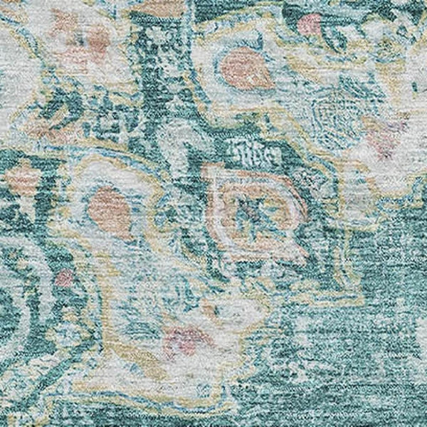 HomeRoots 9' X 12' Elegant Teal Blush Floral Washable Area Rug with UV Protection for Busy Homes & Kids 692249