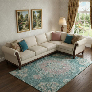 HomeRoots 10' X 14' Elegant Floral Area Rug in Teal, Blush & Ivory - Washable, UV Protected, Durable Design 692250