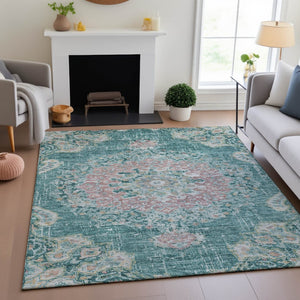 HomeRoots 10' X 14' Elegant Floral Area Rug in Teal, Blush & Ivory - Washable, UV Protected, Durable Design 692250