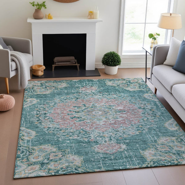 HomeRoots 10' X 14' Elegant Floral Area Rug in Teal, Blush & Ivory - Washable, UV Protected, Durable Design 692250