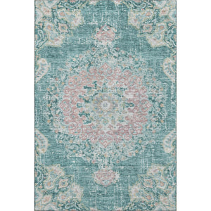 HomeRoots 10' X 14' Elegant Floral Area Rug in Teal, Blush & Ivory - Washable, UV Protected, Durable Design 692250