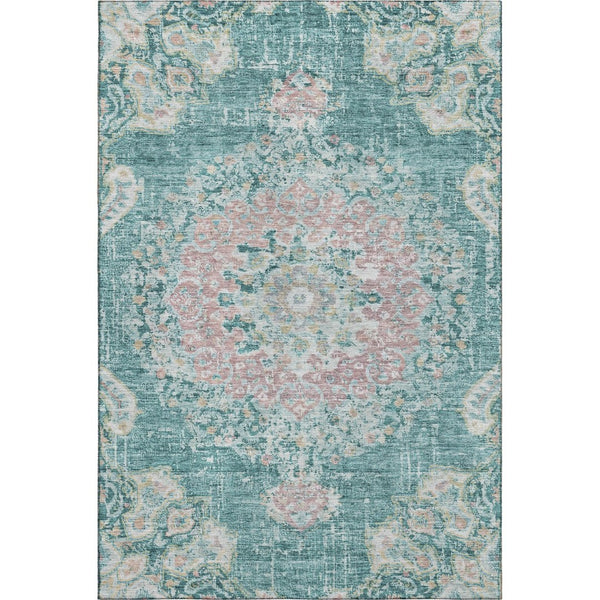 HomeRoots 10' X 14' Elegant Floral Area Rug in Teal, Blush & Ivory - Washable, UV Protected, Durable Design 692250