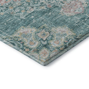 HomeRoots 10' X 14' Elegant Floral Area Rug in Teal, Blush & Ivory - Washable, UV Protected, Durable Design 692250