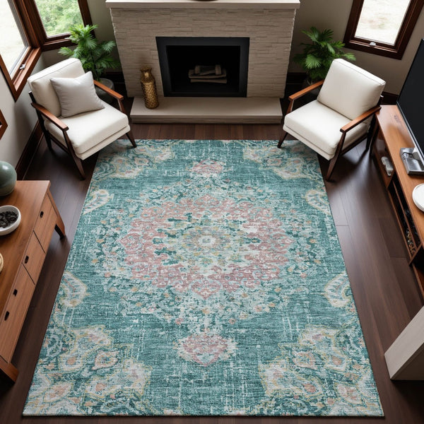 HomeRoots 10' X 14' Elegant Floral Area Rug in Teal, Blush & Ivory - Washable, UV Protected, Durable Design 692250