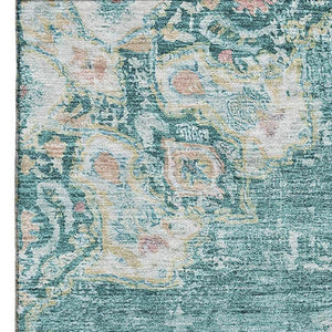 HomeRoots 10' X 14' Elegant Floral Area Rug in Teal, Blush & Ivory - Washable, UV Protected, Durable Design 692250