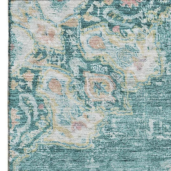 HomeRoots 10' X 14' Elegant Floral Area Rug in Teal, Blush & Ivory - Washable, UV Protected, Durable Design 692250
