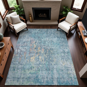 HomeRoots 5' X 8' Blue and Gold Abstract Area Rug - Washable, UV Protected, Durable & Stylish for Any Room 692252