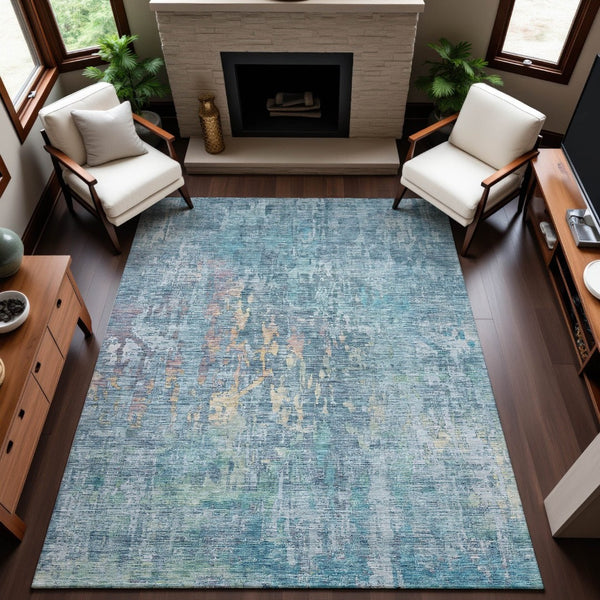 HomeRoots 5' X 8' Blue and Gold Abstract Area Rug - Washable, UV Protected, Durable & Stylish for Any Room 692252