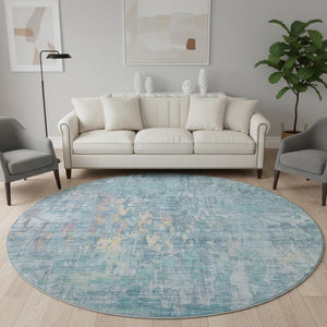 HomeRoots 8' Blue and Gold Abstract Washable Round Rug with UV Protection - Soft, Durable, and Stylish for Any Space 692253