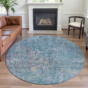 HomeRoots 8' Blue and Gold Abstract Washable Round Rug with UV Protection - Soft, Durable, and Stylish for Any Space 692253