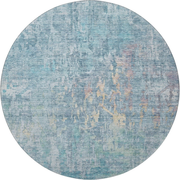 HomeRoots 8' Blue and Gold Abstract Washable Round Rug with UV Protection - Soft, Durable, and Stylish for Any Space 692253