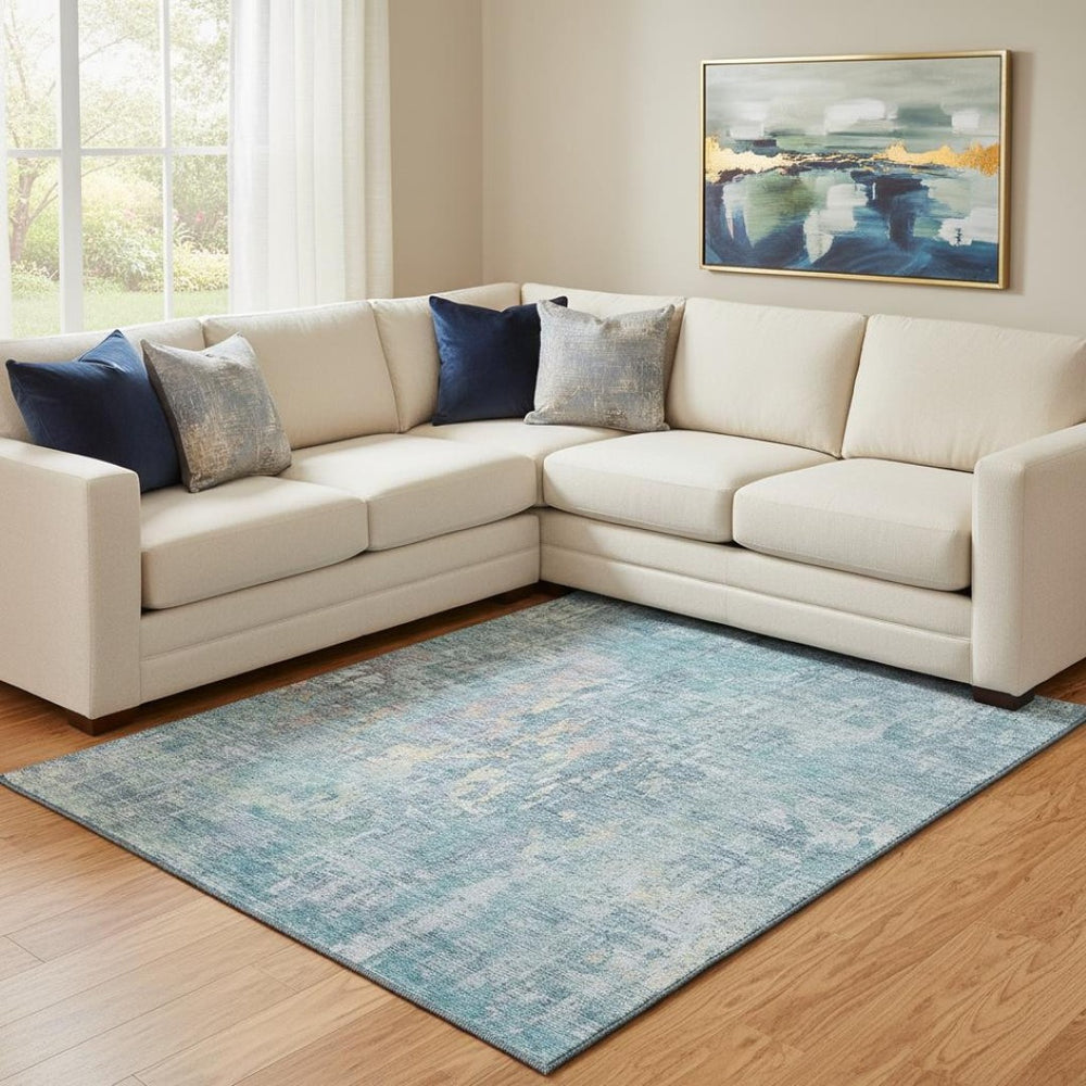 HomeRoots 8' Blue And Gold Abstract Washable Area Rug - Durable, Stain-Resistant with UV Protection for Homes 692254
