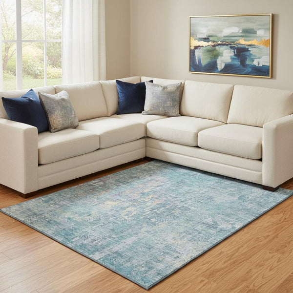 HomeRoots 8' Blue And Gold Abstract Washable Area Rug - Durable, Stain-Resistant with UV Protection for Homes 692254