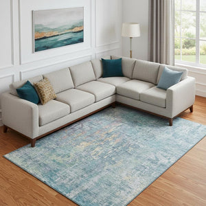 HomeRoots 10' X 14' Blue and Gold Abstract Area Rug - Washable, UV-Protected, Durable & Pet-Friendly Decor 692256
