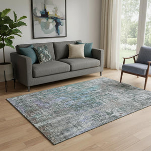 HomeRoots 5' X 8' Fern Green, Blue & Beige Abstract Area Rug - Washable, Stain-Resistant, UV Protected Design 692258