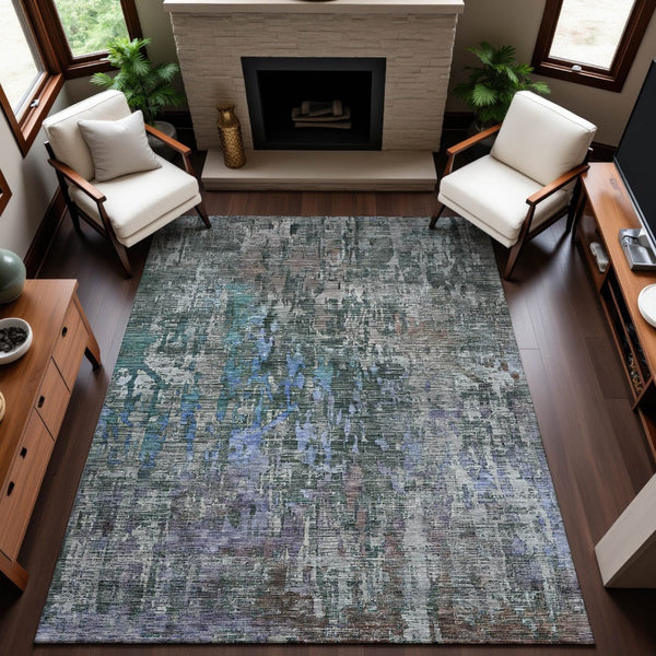 HomeRoots 5' X 8' Fern Green, Blue & Beige Abstract Area Rug - Washable, Stain-Resistant, UV Protected Design 692258