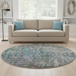 HomeRoots 8' X 8' Washable Fern Green, Blue & Beige Abstract Round Rug with UV Protection for Active Homes 692259