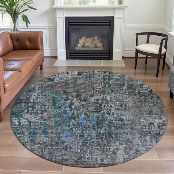 HomeRoots 8' X 8' Washable Fern Green, Blue & Beige Abstract Round Rug with UV Protection for Active Homes 692259