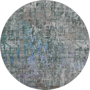 HomeRoots 8' X 8' Washable Fern Green, Blue & Beige Abstract Round Rug with UV Protection for Active Homes 692259