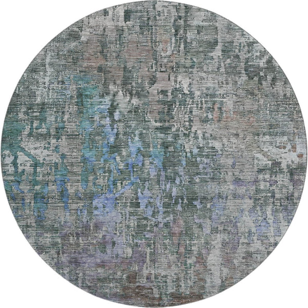 HomeRoots 8' X 8' Washable Fern Green, Blue & Beige Abstract Round Rug with UV Protection for Active Homes 692259